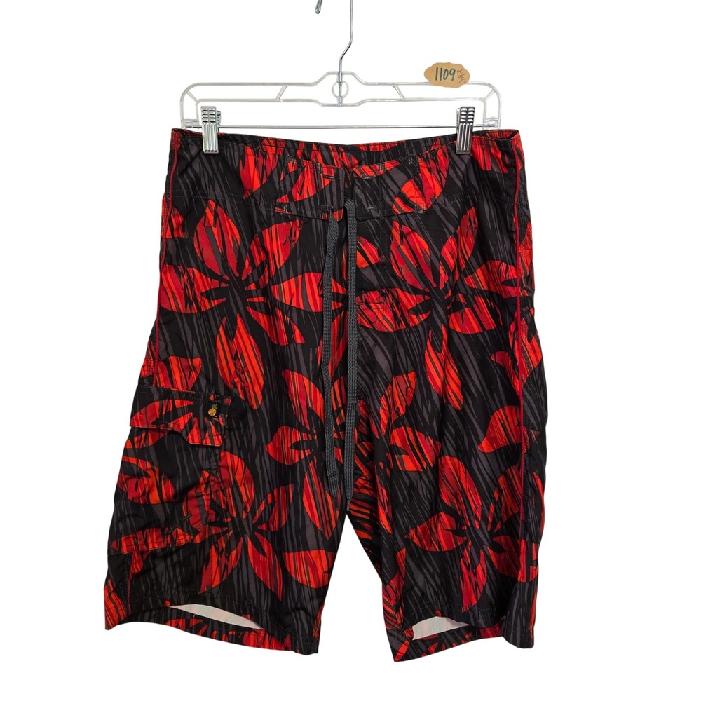 Triangle Riviera Beach Mens Board Shorts Size 32 Red‎ Black Tropical Floral Swim